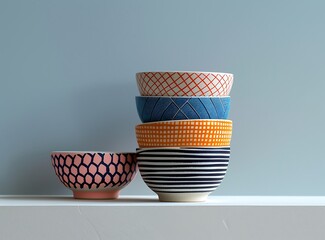 Four different colored and patterned bowls stacked on top of each other, on a white shelf, in a studio photography setting with soft lighting and blue tones against a simple background, in a produc