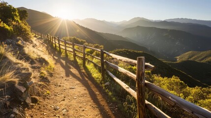 Sunshine illuminating a scenic mountain trail, perfect trip for nature lovers, warm and inviting landscape