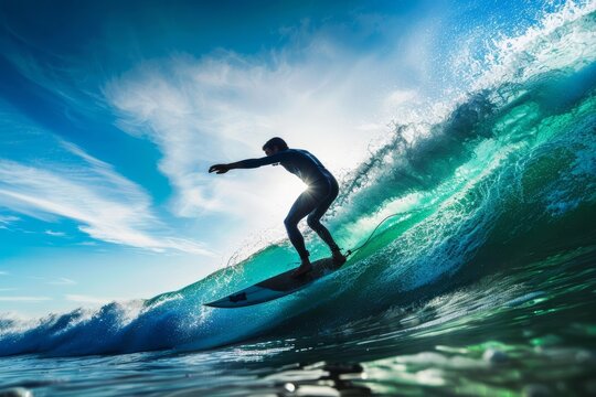 Surfer catching a wave under the bright solar sky, thrilling shore break, dynamic and energetic coastal adventure