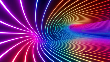Neon light abstract laser show panoramic background, pink blue violet glowing dynamic neon lines wallpaper