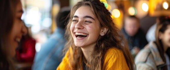 A young woman, using humor when sharing with a support group, her face glowing with joy