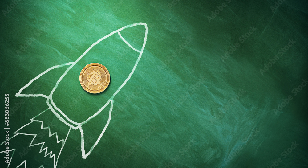 Poster a bitcoin coin with a chalk-drawn rocket on a green chalkboard, symbolizing financial growth concept