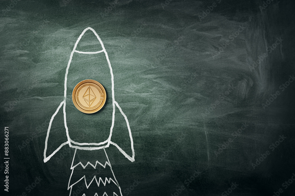 Poster a chalk drawing of a rocket on a blackboard, with a real coin depicting ethereum at the center, symb
