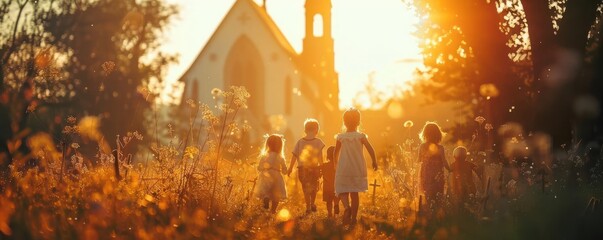 Silhouettes of children walking past a church at sunset.
