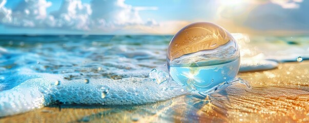 Water molecule containing a serene beach scene, highlighting the peaceful coexistence of water and land