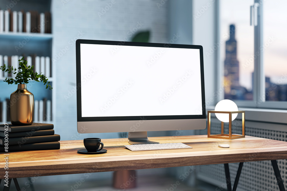 Poster A blank computer screen on a wooden desk with decorative items, showcasing a modern workspace against an office window background, concept of work environment. 3D Rendering
