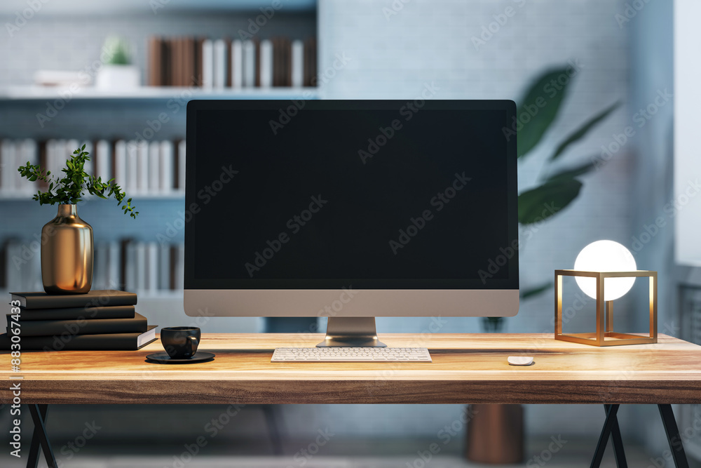 Poster Modern desktop computer with a blank screen on a wooden desk in an office interior, concept of work space. 3D Rendering