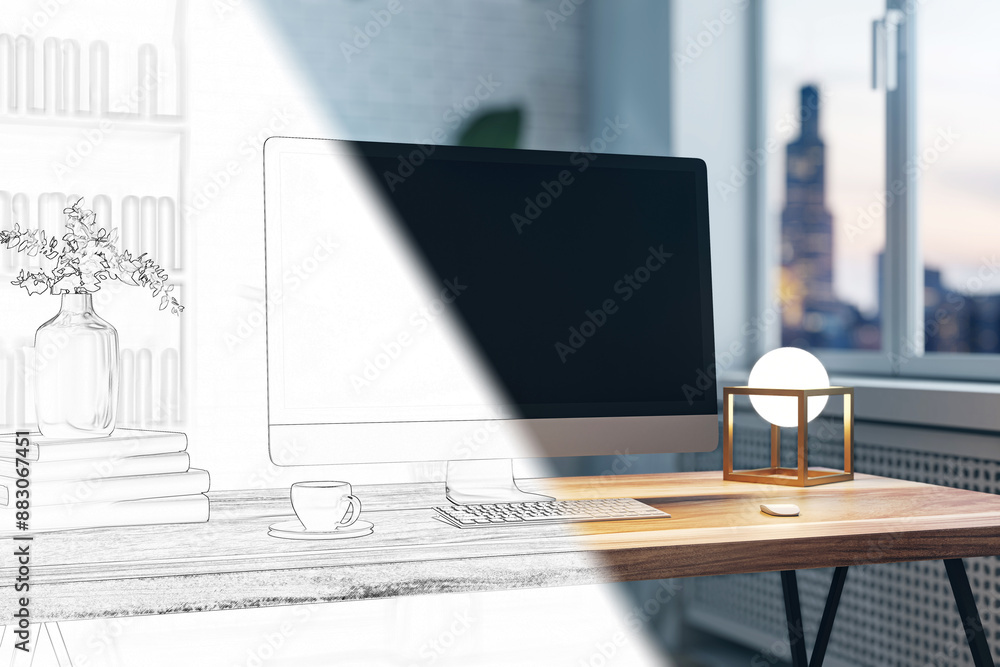 Poster a modern workspace with sketching effect, featuring a computer on a desk with graphic elements, urba