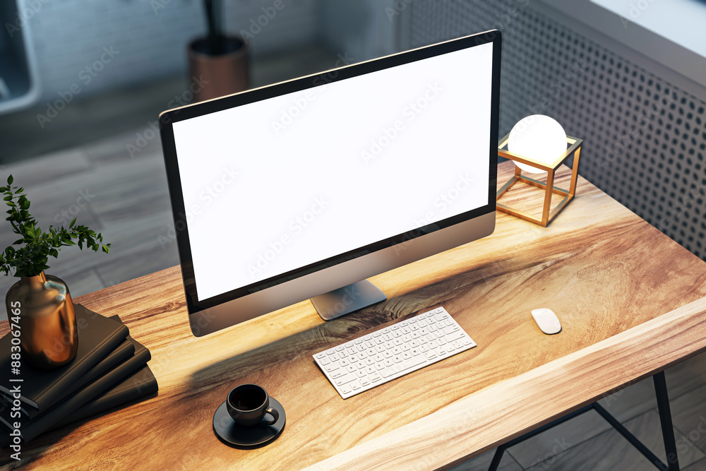 Poster A modern computer on a desk with an empty screen, wooden surface, and decorative items, ideal for a workspace mockup. 3D Rendering