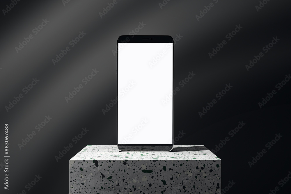 Aufkleber a smartphone with a blank screen placed on a concrete pedestal against a dark gradient background, r