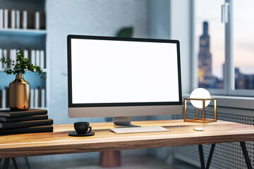 A blank computer screen on a wooden desk with decorative items, showcasing a modern workspace against an office window background, concept of work environment. 3D Rendering