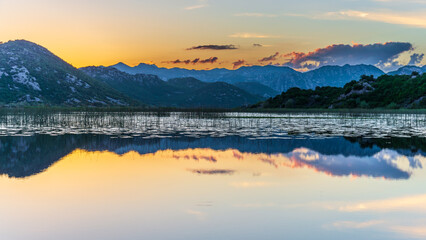 Orange sunset on the Scadar Lake. Montenegro