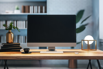 Modern desktop computer with a blank screen on a wooden desk in an office interior, concept of work space. 3D Rendering