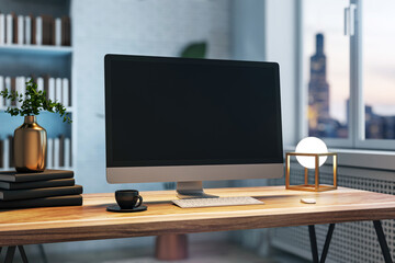 A modern desktop computer with a blank screen on a wooden desk, city background, work from home office concept. 3D Rendering
