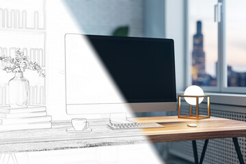 A modern workspace with sketching effect, featuring a computer on a desk with graphic elements, urban background, showing a creative workspace concept. 3D Rendering