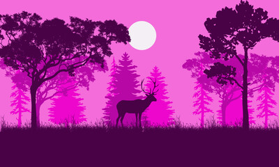 Silhouettes of trees and wild animals in the night forest