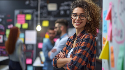 A smiling woman in a plaid shirt stands confidently with arms crossed during a creative brainstorming session.