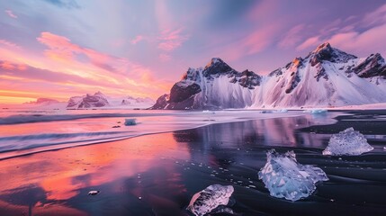 Naklejka premium Icebergs on black sand beach with a colorful sunrise and snow-covered mountains in the background. 