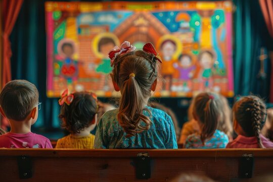 Young children watch a puppet show with colorful stage backdrop.