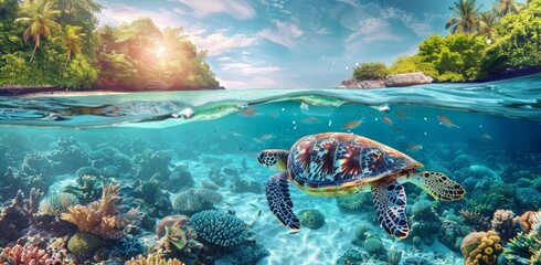 A sea turtle glides through crystal-clear waters over a vibrant coral reef, surrounded by colorful fish and lush palm trees.