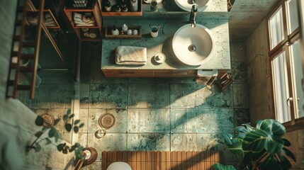 Top View of Modern Bathroom with Green Tiles and Wooden Accents.