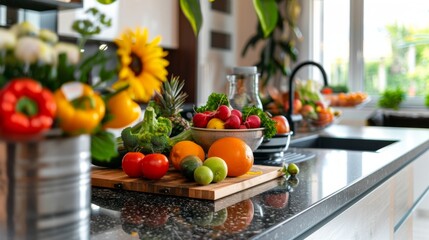 Fresh Vegetables and Fruit on Kitchen Countertop.