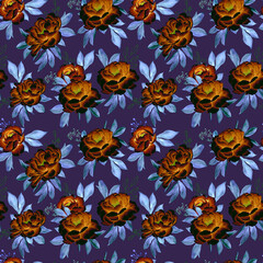 Seamless floral pattern with decorative art garden in nice colors. Cute flower print, ditsy design with wild plants: flowers on branches, large leaves on dark