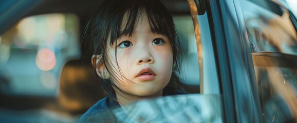 An Asian little girl, curiously looking out of the car window in the morning