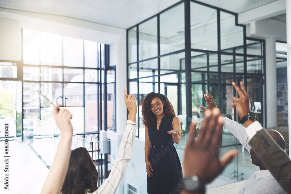 Canvas Prints Presentation, hands raised and business people with vote in office for finance meeting. Discussion, team and speaker with audience of financial advisors with answer for question at corporate seminar.