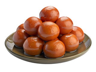 Tasty gulab jamun glazed with syrup isolated on a transparent background