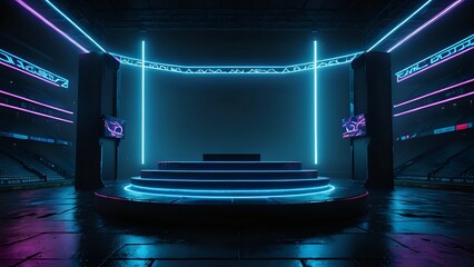 Obraz premium A futuristic gaming stage with neon lights and a dark background.