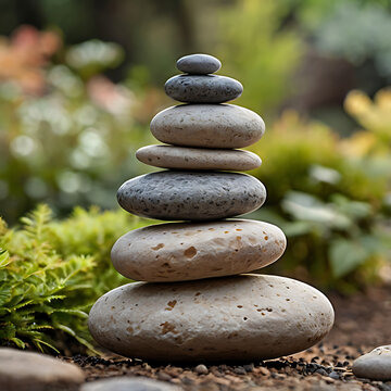 Concept image of a set of perfectly balanced stones stacked in a zen xen garden with a soft, blurred background with copy space
