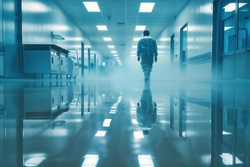 Fototapeta premium A lone figure walks down a sterile, blue-lit hallway. The clean, reflective floor suggests a laboratory or medical setting. The image evokes a sense of mystery and isolation.
