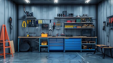 Well-Organized Garage Workshop with Tools and Equipment.