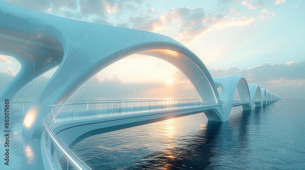 Poster a 3d rendering of a bridge design, showing structural elements and architectural features in fine de