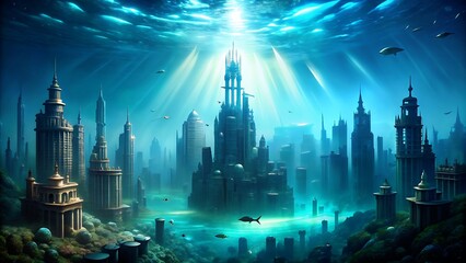 Fototapeta premium Underwater Cityscape with Sunbeams.
