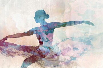 Double exposure silhouette of a dancer in a dynamic pose abstract watercolor patterns in soft...