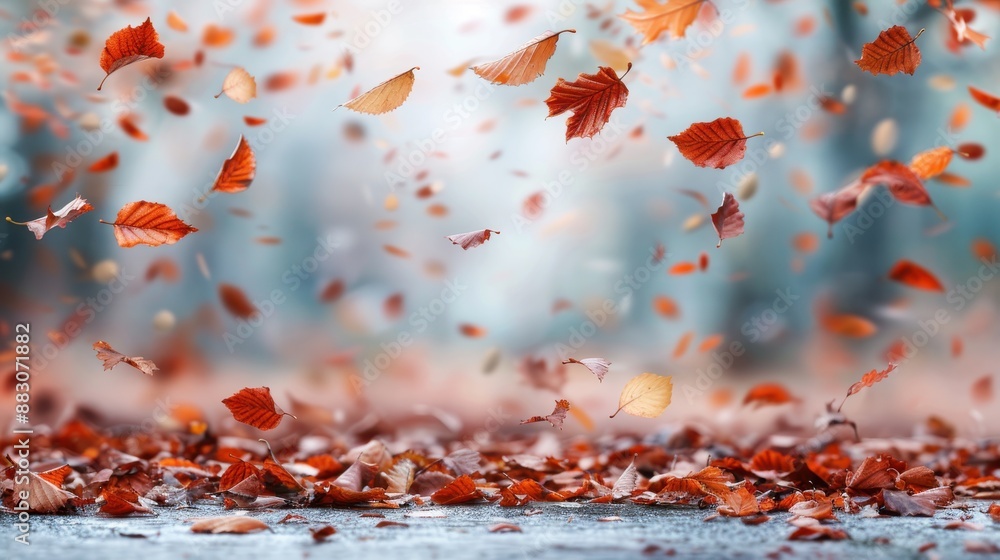 Poster an amazing capture of numerous leaves in varying shades of orange floating in the air, creating a dy