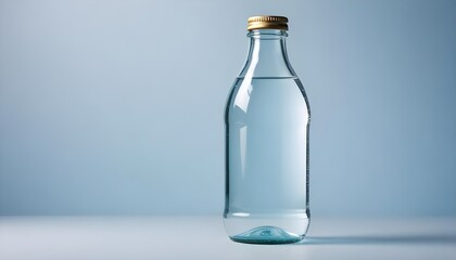 Transparent glass bottle with copy space filled with clear, refreshing liquid against a plain background