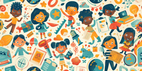 A colorful, seamless pattern featuring happy children engaged in various educational and playful activities