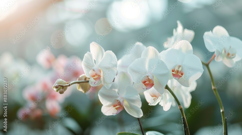 Aufkleber white orchids illuminated by bright light with a soft bokeh backdrop, highlighting the elegance and 