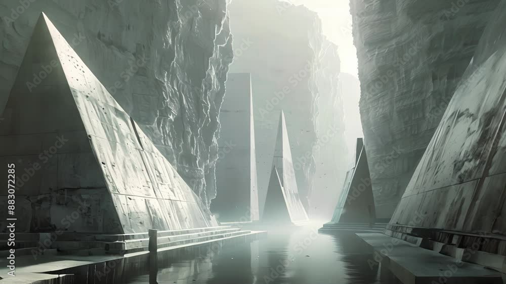 Poster a geometric bay with towering cliffs on either side creating a striking and almost otherworldly sigh