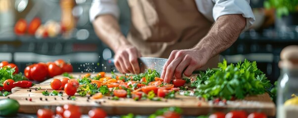 Closeup of chef's hands chopping vegetables on a cutting board.