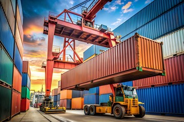 Cargo container crane lifting a container at sunset.
