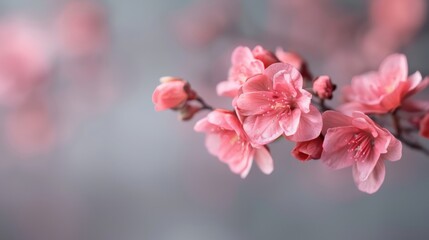 Obraz premium Pink cherry blossoms captured in a soft-focused background, showcasing their delicate petals and tranquil beauty, epitomizing the essence of springtime elegance.
