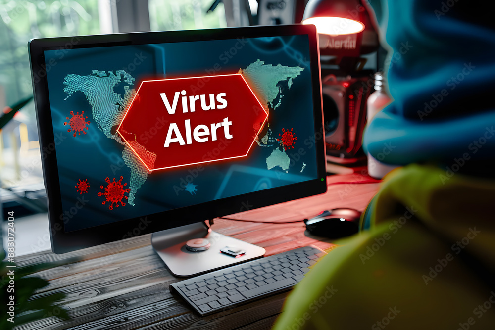 Wall mural Virus warning alert on computer screen detected modish cyber threat , hacker, computer virus and malware