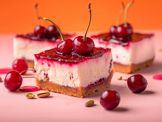 Cherry cheesecake squares, garnished with cherries and pistachios, on a pink background, looking delectable and tempting.