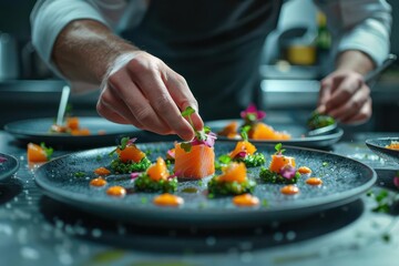 A chef carefully plating a gourmet salmon dish with fresh herbs and sauces.