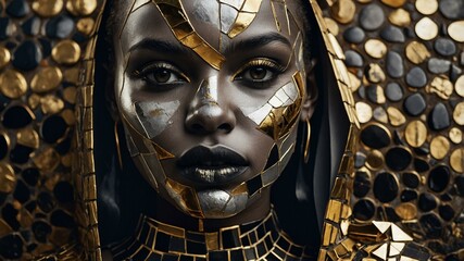 Woman's face crafted in golden and silver mosaic, exuding artistry and opulence with intricate metal pieces.