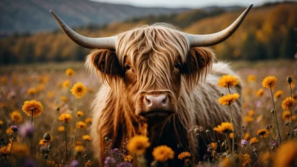 Plexiglas schilderij Schotse hooglander A fluffy Highland cow with large horns standing in a picturesque field covered with yellow and purple flowers.  © ArtistiKa